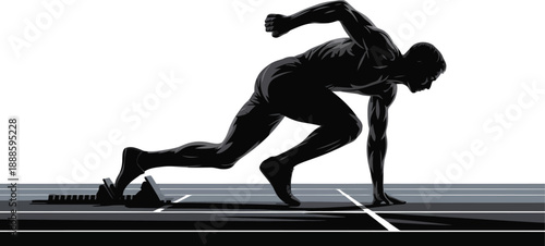 A focused male athlete prepares to sprint from starting blocks on a striped track