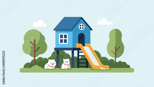 A playful scene with a blue playhouse, slide, and two fluffy white dogs