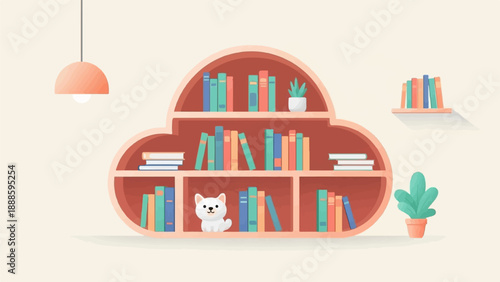 A playful white dog sits on a bookshelf filled with books and plants