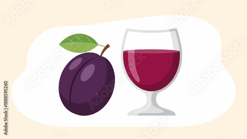 A plum with a leaf sits next to a glass of red wine