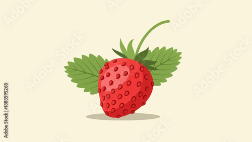A single, vibrant red strawberry with green leaves and a light yellow background