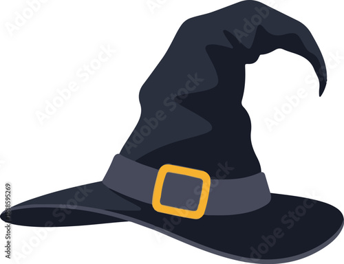 A pointed black witch hat with a wide brim and golden buckle