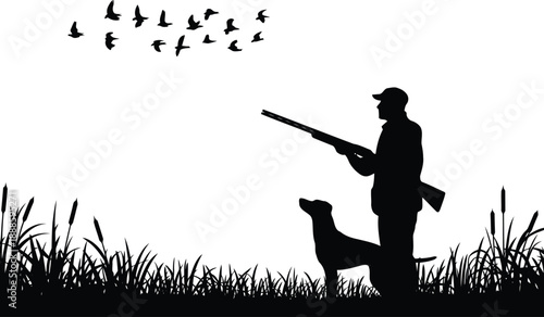 A hunter with his dog waits patiently in tall grass as a flock of birds flies overhead