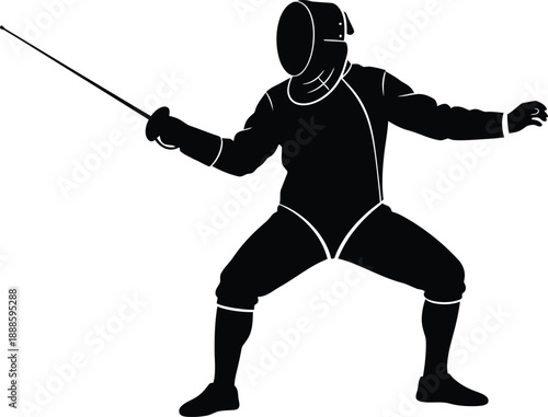 Vector illustration of a black silhouette depicting a male fencing athlete or samurai warrior person in a sports competition holding a weapon sword to fight