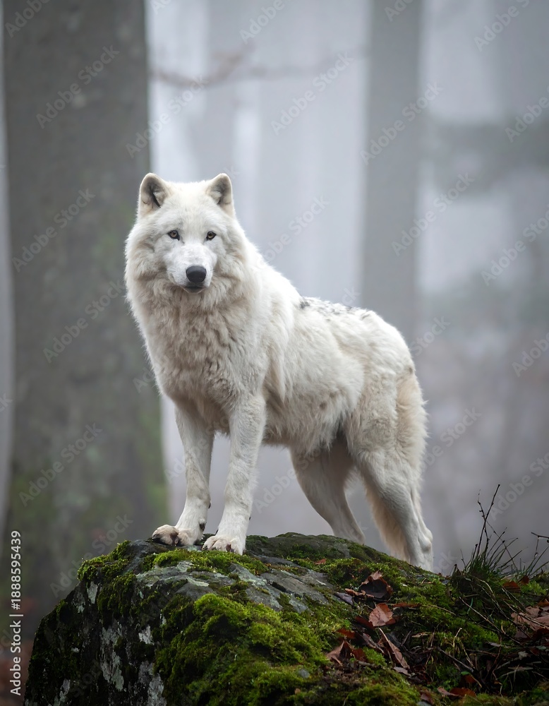 Obraz premium A white wolf standing on a mossy rock in a forest