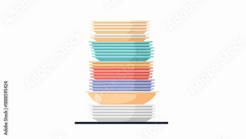 A tall stack of colorful plates and bowls, neatly piled high