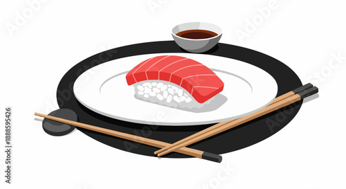 A single piece of tuna nigiri sushi with chopsticks and soy sauce