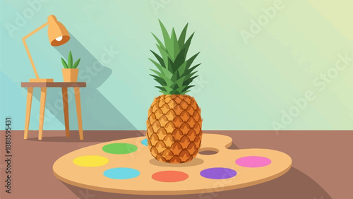 A still life arrangement featuring a pineapple on a palette with colored circles and a small plant