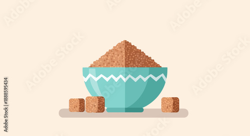 A teal bowl filled with brown sugar, with three sugar cubes in front