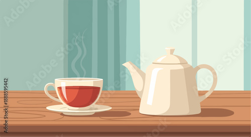 A steaming cup of tea and a teapot on a wooden table
