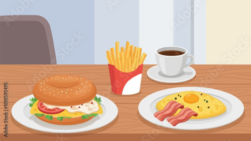 A tempting breakfast spread featuring a bagel sandwich, fries, coffee, and an omelet
