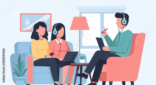 A therapeutic session with two women on a couch and a counselor