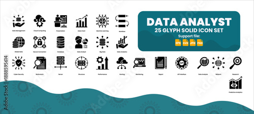 Data analyst icon set. 25 solid glyph icons for data analytics and tech projects.