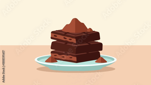 A stack of three rich, dark chocolate brownies with cocoa powder