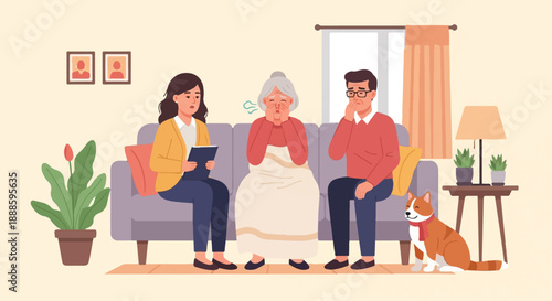 A therapist comforts a distressed elderly couple and their dog
