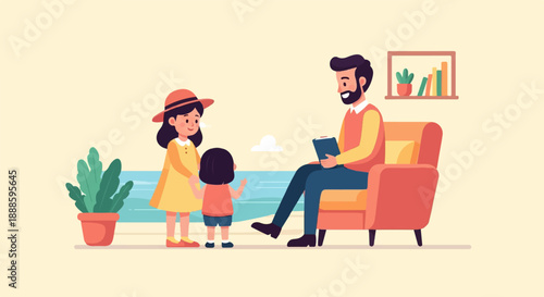 A therapist sits in an armchair, talking with two children by the ocean