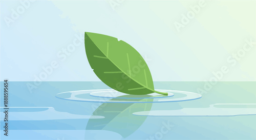 A single green leaf floats on serene blue water creating ripples