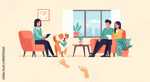 A therapy session with a couple and their dog, indoors
