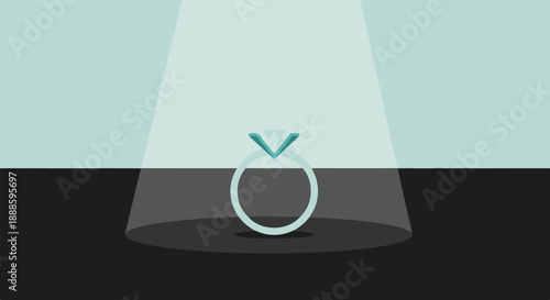 A single, glowing diamond ring sits spotlighted on a dark surface