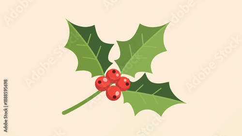 A sprig of holly with green leaves and red berries on a pale background