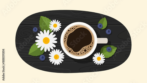 A top-down view of a cup of coffee with daisies and blueberries
