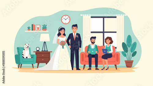 A wedding couple stands near guests and their pet dog in a cozy room