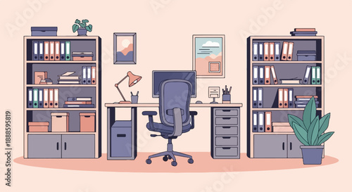 A tidy, minimalist office setup with two bookshelves and a desk