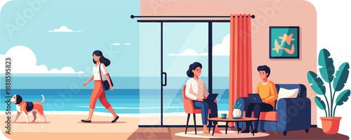 A split scene a woman walks her dog by the ocean, while two people work inside