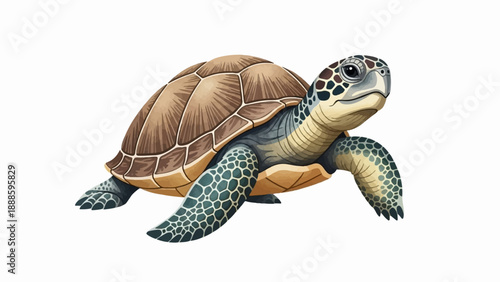 A watercolor-style illustration of a sea turtle with a detailed shell and patterned flippers