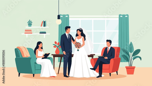 A wedding ceremony takes place with guests watching from chairs