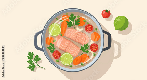 A top-down view of a simmering pot filled with salmon, vegetables, and herbs