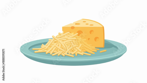 A wedge of swiss cheese and shredded cheese sit on a blue plate