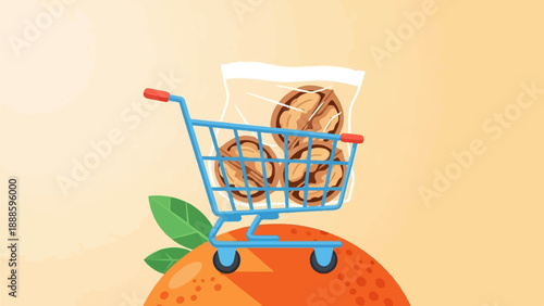 A whimsical shopping cart filled with nuts sits atop an orange