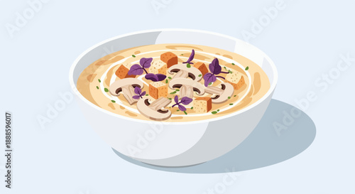 A white bowl filled with creamy mushroom soup, topped with croutons and herbs