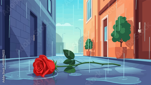 A solitary red rose lies in a puddle on a city street during a rainstorm
