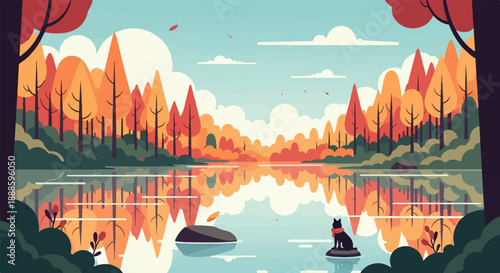 A solitary dog sits on a rock in a calm lake, reflecting an autumn forest and sky
