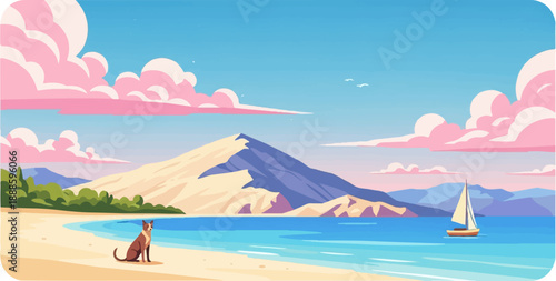 A solitary dog gazes at a sailboat on a calm sea with pastel clouds