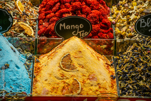 Colorful dried herbal tea with mango and orange at Turkish market, Grand Bazaar  Istanbul, Turkey