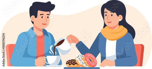 A man and woman enjoy coffee and donuts at a cafe