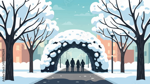 A snow-covered park archway frames people walking on a winter day