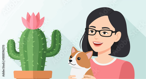 A smiling woman wearing glasses holds a small dog next to a blooming cactus