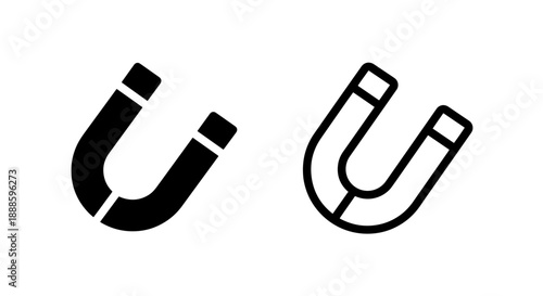 Two icons of a U-shaped magnet, one solid black and one outline, on white background. Vector.