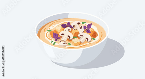 A white bowl of creamy mushroom soup with croutons, mushrooms, and basil