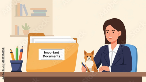 A smiling woman in a suit sits at a desk with a dog and important documents
