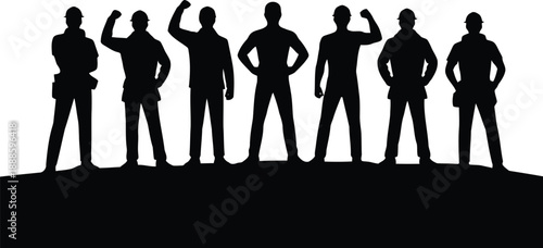 A powerful silhouette of seven diverse construction workers standing together on a solid surface