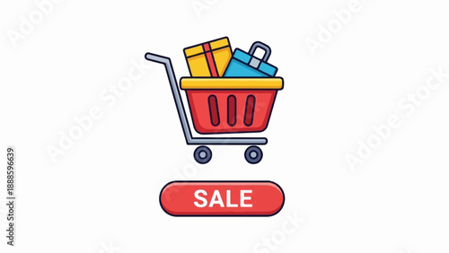 A shopping cart filled with gifts sits above a red "SALE" button