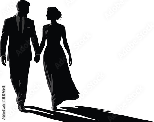 An elegant couple walks gracefully hand in hand, casting long shadows on a pristine white surface