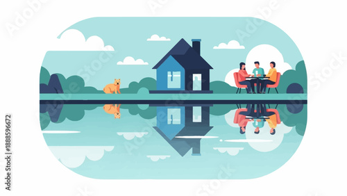 A serene lakeside scene with a dog, house, and people at a table