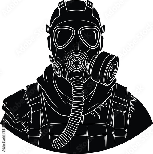 A person wearing a protective rubber gas mask respirator for safety against toxic air pollution and chemical danger in a military or industrial environment isolated on a white background