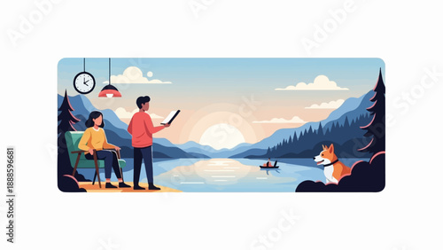 A serene lakeside scene at sunset with two people, a dog, and a distant boat